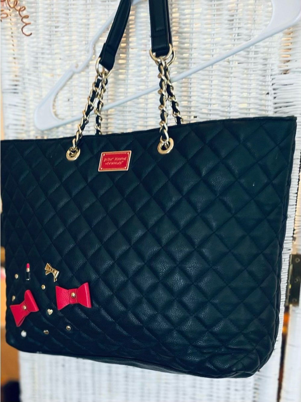 Betsey Johnson Black Quilted Tote Bow Charm Purse Large Y2K Coquette Bag